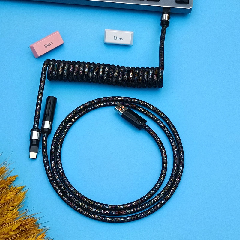 Dây cáp lò xo custom cao cấp cho bàn phím cơ kết nối Usb A , type C ,dây dù lò xo xoắn dây , đầu nối type C có led